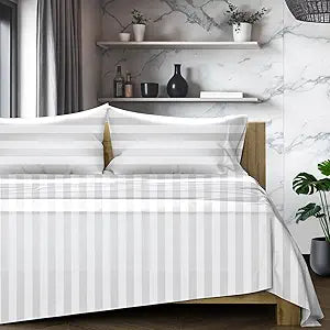 TEXAS LINEN CO. Egyptian Cotton Sheets King Size - 1200 Series High Thread Count King Size Sheets Set (4 PC, White Stripe), 17" Deep Pocket, Luxury Sateen Hotel Bedding - Star Sleepin' Collection