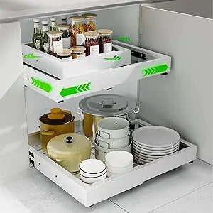 Expandable Pull Out Cabinet Organizer, Adjustable Width 12"-19" & Depth 16.5"-22", 4-Side Extension, 5 Slide Rails for Heavy Duty Use, Adhesive Roll Out Shelves for Kitchen Cabinets, White 1PCS