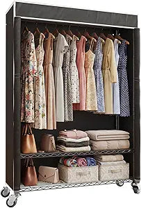 Higeego H4 Plus Rolling Garment Rack with Cover, Heavy Duty Clothes Rack with Wheels, Portable Closet for Hanging Clothes, Wardrobe Closets Organizer Storage, Black Closet Rack with Black Fabric Cover