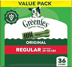 Greenies Veterinarian-Recommended Adult Natural Dental Dog Treats Regular Size, Dog Dental Chews, Original Flavor, 36 oz. Pack, 36 Count