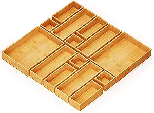 SpaceAid 14-Piece Bamboo Drawer Organizer Storage Boxes Set, Wood Tray Junk Drawer Organizers Multi-Use Divider Bins for Kitchen, Bathroom, Office Desk and Makeup Organization (14 Pack, Natural)