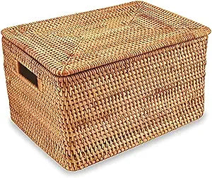 Rattan Basket With Lid, Large Lidded Basket For Storage(15.3" L11.4"W9.5"H)