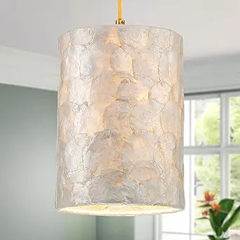 LumFurn 1-Light Capiz Shell Chandelier, Coastal Design, Modern Pendant Light Fixture for Dining Room, Living Room, Kitchen Island, D7 x H18~66"(Adjustable Height), Shell Lampshade & Gold Finish Frame