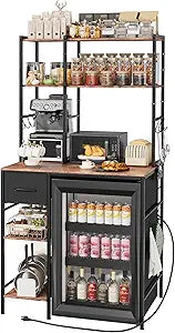 Kitchen Mini Fridge Stand with Storage, Microwave Oven Stand Table with Power Outlet, 34.6"x23.6"x67.7" Freestanding Coffee Bar Cabinet, Bakers Rack with Adjustable Shelves and Hooks