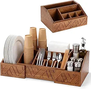 Paper Plate Dispenser Extendable, Paper Plate Holder for Kitchen Counter Wood Silverware Utensil Caddy Cutlery Flatware Organizer Box for Cups Spoons Forks Kitchen Accessories (Nut-brown)