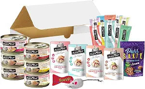 Seafood Lovers Fussie-Cat Variety Pack  Flavor Discovery Gift Box with Tuna & Aspic Wet Cat Food, Puree Treat Tubes, Salmon Treats, Catnip Toy & Mouse Toy