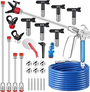 22Pcs Airless Paint Sprayer Gun Kit, 3600PSI Spray Gun with 50Ft x 1/4 NPT Airless Paint Sprayer Hose & 6Pcs Reversible Spray Tips & Guide Tool & 4Pcs Extension Wand & 6Pcs Filters