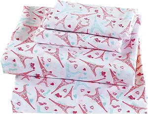 Fancy Linen Sheet Set Paris Eiffel Tower Hearts Pink Baby Blue White New (Twin)