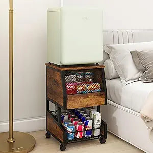 PUNCIA Mini Fridge Stand with Wheels, 14.2 x 14.4 In Compact Refrigerator Cart with Storage, 3-Tier Rolling Beverage Cooler Table for Mini Fridge, Dorm Room, Bedroom, Home Office