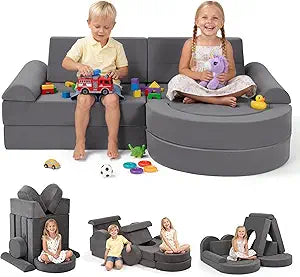 Fvkind 16pcs Modular Kids Play Couch, Kids Couch Building Fort for Playroom and Bedroom, Toddler Modular Play Sofa, Convertible Foam Sofa for Boys and Girls, Grey