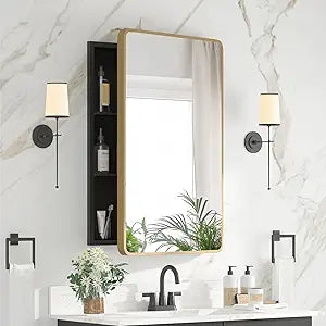 Medicine Cabinet 20 x 28 Inch, Brush Gold Bathroom Medicine Cabinet with Mirror,Metal Beveled Mirror, Adjustable Shelves, Recessed or Wall Mount, Sturdy & Solid, Bathroom Mirror with Storage