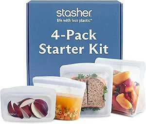 Stasher Silicone Reusable Storage Bags, 4-Pack Starter Kit, Reusable Freezer Bags, Microwave, Dishwasher, Oven Safe, Sous Vide, Premium Lunch Containers, Eco Friendly, Food Storage Bags, Clear | Reusable Food Bags