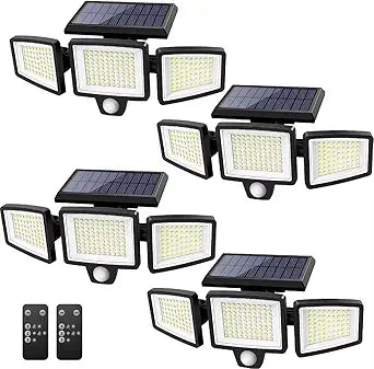 Tuffenough Solar Outdoor Lights 2500LM 210 LED Security Lights with Remote Control,3 Heads Motion Sensor Lights, IP65 Waterproof,270 Wide Angle Flood Wall Lights with 3 Modes(4 Pack)