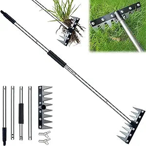 Upgraded 8 Tines Stainless Steel Weeding Tool, Thickened Version Manual Weeder Rake, Weeder Rakes with Adjustable Length Handle(31"-63") for Weeding Loosen The Soil and Collect Fallen