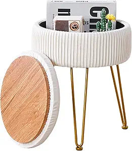 Wimarsbon Vanity Stool Vanity Chair with Storage, Velvet Makeup Stool, Soft Ottoman with Anti-Slip Feet, Furry Padded Seat for Makeup, Bedroom White