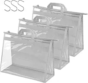 Vercord Clear PVC Handbag Dust-Free Cover Moistureproof Purse Storage Bag Organizer with Handle Zipper Space-Save Holder for Closet Grey XXL 3Pcs