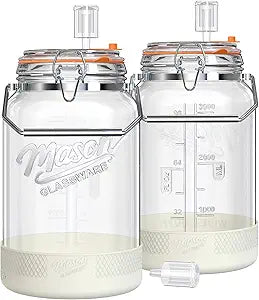 Upgrade 1 Gallon Fermentation Jars with Airlocks - Wide Mouth Glass Jars with Airtight Lid for Sauerkraut Mead Sourdough Starter Pickle, Fermenting Jar with Handle & Non-Slip Silicone Base, 2 Pack