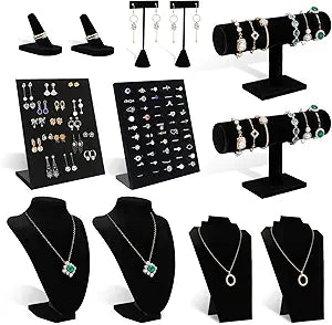 12 Pcs Black Velvet Jewelry Display Set, Foldable Necklace Holder Ring Holder Bracelet Display T Shape Earring Stand, Jewelry Stands and Displays Set for Home or Store Show
