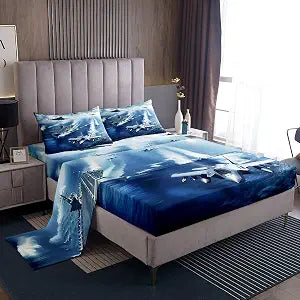 Manfei Warplane Kids Sheet Twin Size,Aviation Aircraft Warship Bedding Set,Boys Men Room Decor,Modern Fighter Airplane Fashion Ocean Blue Bed Sheet Set 3pcs(Fitted + Flat + 1 Pillowcase)