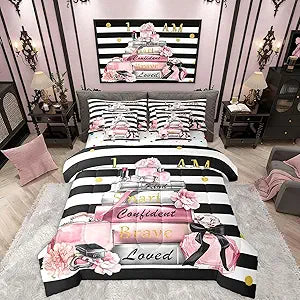 Erosebridal Pink Fashion Comforter Set with Sheets Queen for Girls Girly Modern Inspirational Quotes Women Abstract Black White Stripes Bed in a Bag Books Floral Perfume Makeup 7 Piece Bedding Set