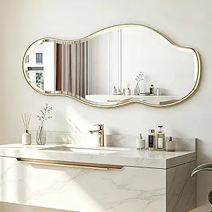 POZINO Irregular Beveled Mirror, 40"x18" Asymmetrical Vanity Wall Mirror with Gold Metal Frame, Organic Shaped Mirrors for Living Room Bathroom Bedroom Hallway Entryway, Horizontal/Vertical Hanging