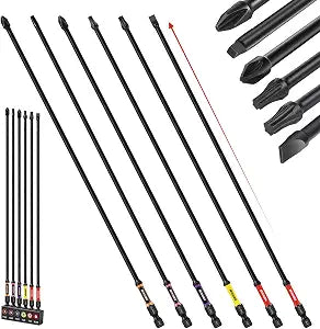 Geinxurn Impact Extra Long Screwdriver Bits Set, 6Pcs 300mm(12") Phillips/Torx/Square/Slotted/Pozi Magnetic S2 Steel Power Driver Bits Set Stored in Color Coded Base