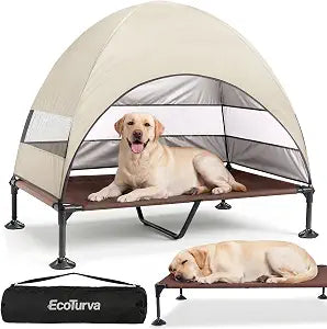 Elevated Dog Bed with Canopy - 3-Sided UV Protection Pet Tent with Wider Shade, Raised Cooling Outdoor Dog Cot with Breathable Mesh for Medium Large Dogs, Portable Bed for Camping, Patio (Khaki, XL)