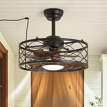 Outdoor Ceiling Fan with Lights, 20" Gazebo Fan IP65 Waterproof Caged Ceiling Fan with Dimmable LED, Industrial Plug in Fandelier Hanging Chandelier Fan for Patio Porch Pergola