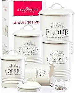 noonberry Kitchen Canisters for Countertop  5-Piece Airtight Flour Sugar Coffee Tea Kitchen Canister Set with Utensil Holder  Sugar and Flour Containers for Kitchen Counter, Cream-White Finish