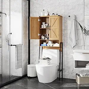 Over The Toilet Storage Cabinet with 2-Door Design Bathroom Organizers and Storage with Anti-Tip Device Over Toilet Organizer with Shelves for Bathroom,Restroom,Laundry Natural