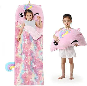 Kids Sleeping Bag, Plush Toddler Slumber Bag 2-in-1 Pillow, Soft Sleeping Bag, Nap Mats for Preschool,Daycare,Travel,Gift, Ages 3-12