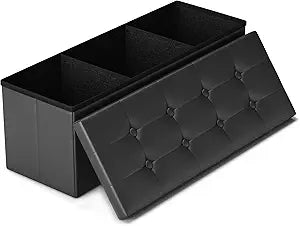 LITZFUR 43 Inches Folding Storage Ottoman Bench, PU Leather Storage Chest, Footrest Padded Seat for Bedroom and Hallway, Holds up to 660 lbs, Black