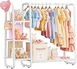 Kids Dress Up Storage with 4 Storage Shelf, More Storage Space Kids Clothing Rack for Costume Organizer Playroom Kids Girls Bedroom Nursery Organizer (White)