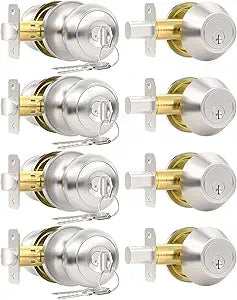 4 Pack Front Door Lock Set, Keyed Alike Exterior Door Lock Set with Deadbolt, Single Cylinder Deadbolt Lock and Entry Door Knob Set,Round Ball Brushed Nickel Door Knobs with Lock and Keys