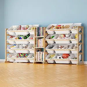 SpaceAid Large Toy Storage Organizer with 24 Bins and 3 Shelves, Toy Organizers Storage Bookshelf, Kids Bin Shelf Box Bookcase for Bedroom Playroom Organization Room Decor, White