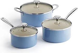 Redchef Ceramic Stock Pots Set 5QT, Sauce Pan with Lids(2.5QT/3.5QT), Induction Cooking Pot Set,Ceramic Pots with Stay Cool Handle, Nonstick Cookware Set, PTFE/PFASFree, Dishwasher/Oven Safe (Blue)