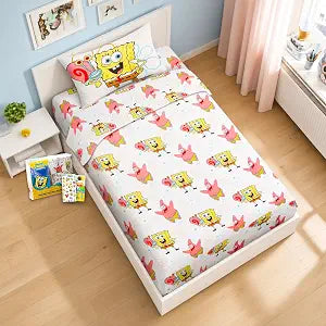 Nick Spongebob Sheet Set - Bundle of Underwater Vibes Bedding Including: Flat Sheet, Fitted Sheet, & Pillowcase for Twin Bed Plus Stickers, More for Kids