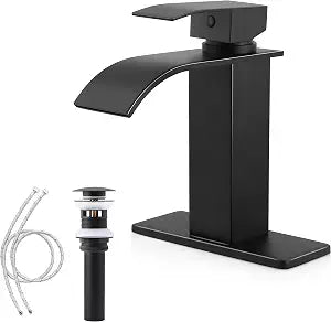 Herogo Bathroom Faucet with Sink Drain, Matte Black Single Handle Waterfall Bathroom Sink Faucet with Water Supply Hoses for 1 Hole or 3 Holes, Stainless Steel, for Vanity RV Lavatory