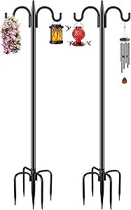 Gtongoko Bird Feeder Pole for Outdoors Heavy Duty, 2 Pack 92 Inch Double Shepherds Hook with 5-Prong Stable Base, 3/4 Inch Thick Hummingbird Feeder Stand for Hanging Plants, Lanterns