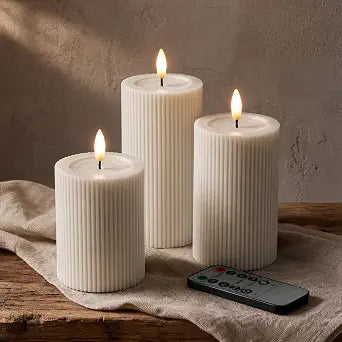 Fluted Ribbed LED Pillar Candles, Cream Beige, with Reflective Melted-Wax Effect  Flickering Flame, Remote, Dimmable, Flameless, Battery Operated, Home & Wedding Decor (Set of 3)
