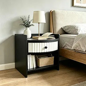 Wooden Nightstand with Drawer and Open Storage Shelf, Curved Front Bedside Table for Bedroom, Compact End Table for Small Spaces, Living Room or Apartment Furniture, Black