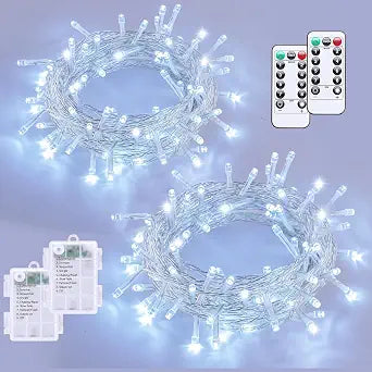 YEGUO Battery Operated String Lights, 2 Pack Each 33ft 100 LED Twinkle Fairy Lights Outdoor Waterproof, 8 Modes Clear Wire White Christmas Lights Indoor with Remote