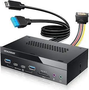 GRAUGEAR 5.25" PC Front Panel USB Hub - 10Gbps USB-C Ports, Dual USB 3.0, SD/microSD Card Reader, Audio Ports, Drive Bay Expansion for Desktop (Requires 20-Pin Type-E & 19-Pin USB Header)