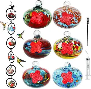 Glass Hummingbird Feeder for Outdoors 6 PCS Small Hand Blown Glass Bird Feeding Balls Hanging Wild Bird Feeders 5OZ x 6PCS Backyard Garden Decorations with Brush Injector