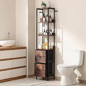 Tall Slim Bathroom Storage Cabinet, Freestanding Bathroom Floor Cabinet with 3 Open Shelves and 2 Fabric Drawers, Bathroom Organizer for Bathroom, Living Room & Laundry Room, Rustic Brown