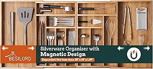 Silverware Organizer Large, Magnetic Connected Expandable 13 Slots Silverware Drawer Organizer From 21 to 37.4 Inches, Adjustable Flatware and Cutlery Holder, Bamboo Utensil Tray for Kitchen Acacia