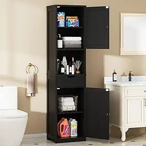 Walsunny Tall Bathroom Storage Cabinet with Freestanding Adjustable Shelves, Narrow Storage Linen Cabinet with 2 Doors and 1 Drawer for Bathroom, Living Room, Kitchen, Black