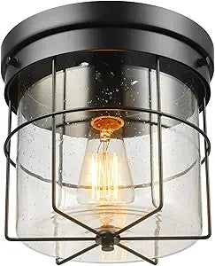 Globe Electric 60000162 1-Light Outdoor Flush Mount, Matte Black, Seeded Glass Shade, Thin Frame