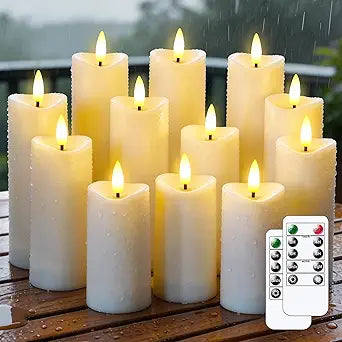 12 Pcs Battery Operated Waterproof White Plastic Flameless Pillar Candles with Timer & 2 Remotes, 2.2" x4" 4" 4" 5" 5" 5" 6" 6" 6" 7" 7" 7" Outdoor Flickering LED Warm Light for Home Decor