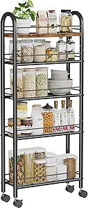 Slim Storage Cart, 5 Tier Narrow Utility Cart with Metal Frame and Wooden Top, Rolling Storage Organizer Shelving Unit for Kitchen, Dining Room, Living Room,Home Office, Vintage